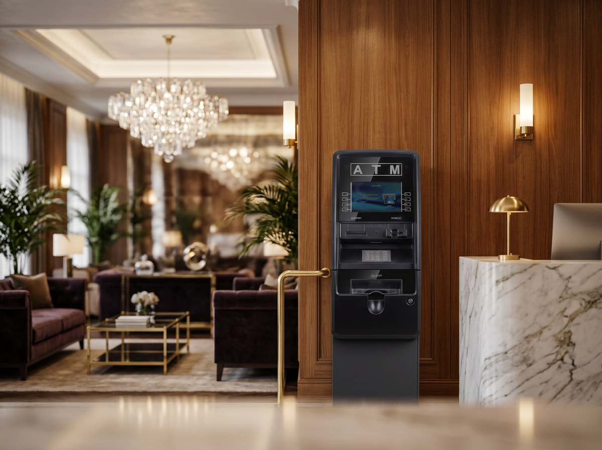Modern ATM installed in a luxury hotel lobby